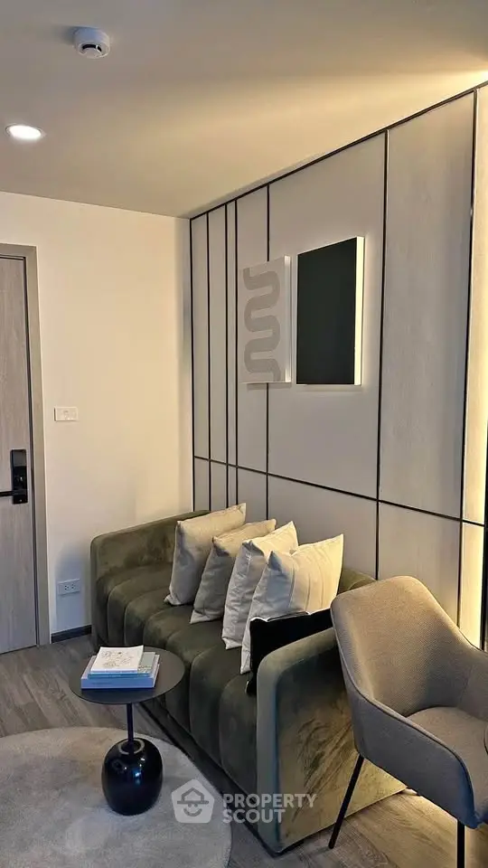 Modern living room with stylish decor and cozy seating area