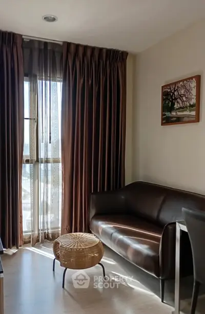 Cozy living room with elegant brown curtains and stylish leather sofa