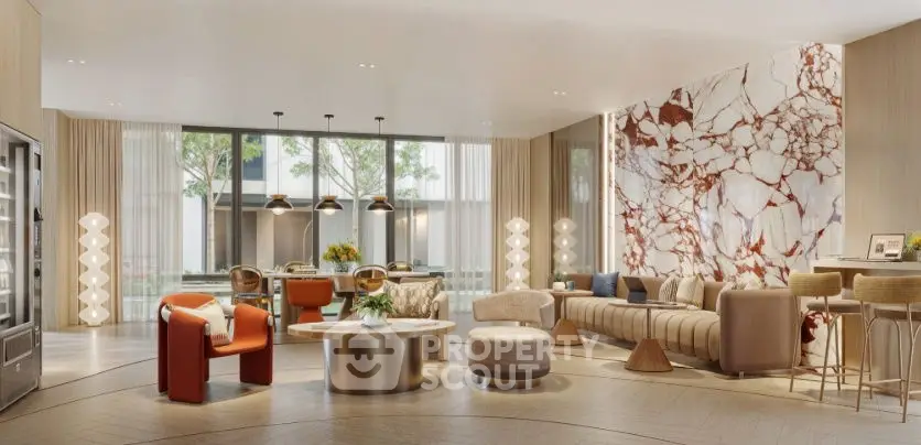 Luxurious modern living room with elegant marble accent wall and stylish furniture