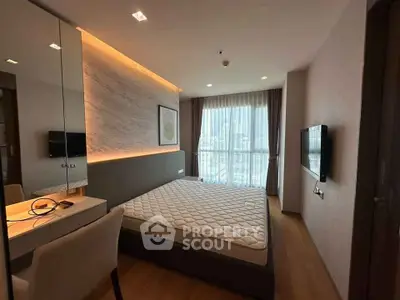 Modern bedroom with large window and stylish decor in a high-rise apartment.