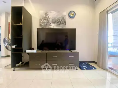 Modern living room with sleek TV stand and stylish decor