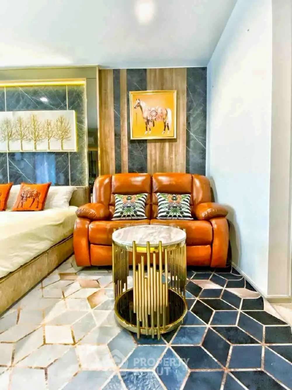 Stylish living room with leather sofa and modern geometric flooring