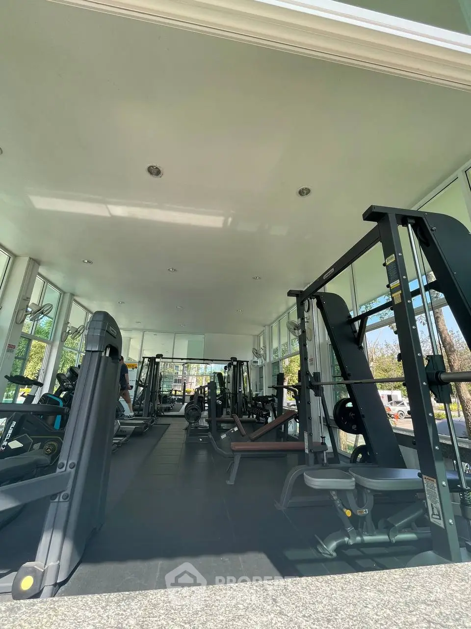 Spacious gym with modern equipment and large windows offering natural light and outdoor views.
