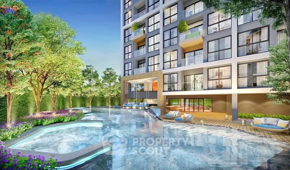 Luxurious modern apartment building with stunning pool and lush garden view.