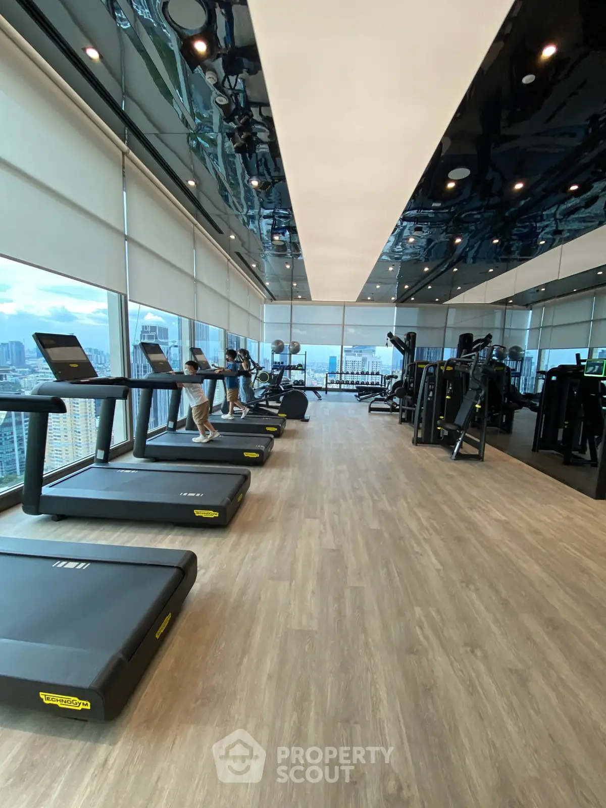 Luxurious high-rise gym with panoramic city views and modern equipment.