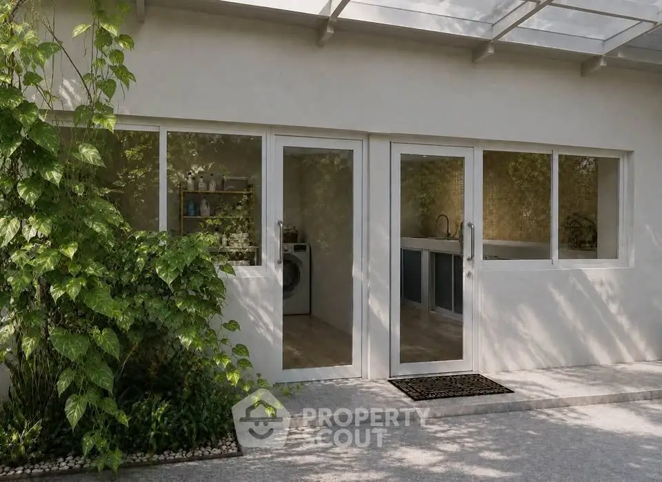 Modern exterior with glass doors and lush greenery, showcasing a sleek laundry area inside.