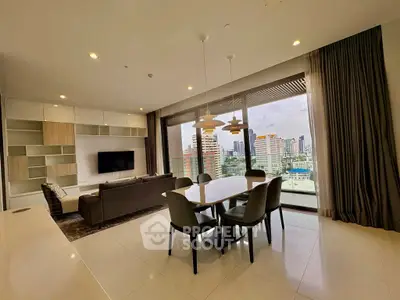 Spacious modern living room with city view and elegant dining area