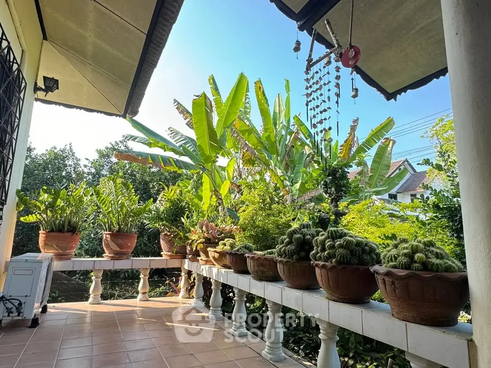 Charming garden terrace with lush greenery and potted plants, perfect for relaxation and outdoor enjoyment.