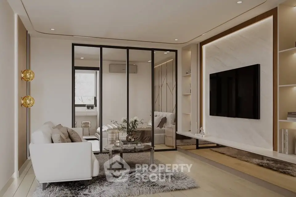 Luxurious modern living room with elegant decor and large TV