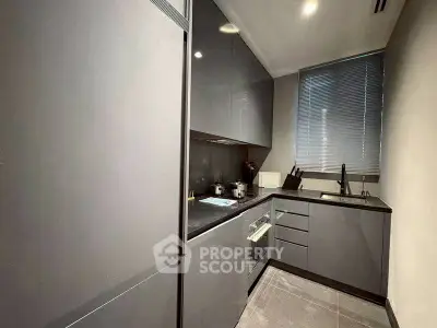 Modern kitchen with sleek gray cabinets and built-in appliances
