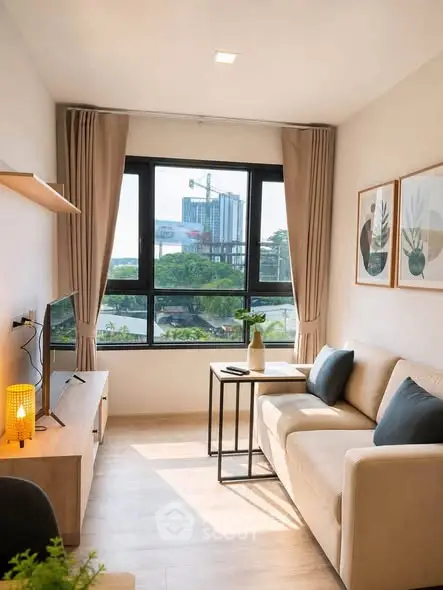 Chic modern living room with large window and city view, featuring cozy sofa and stylish decor.