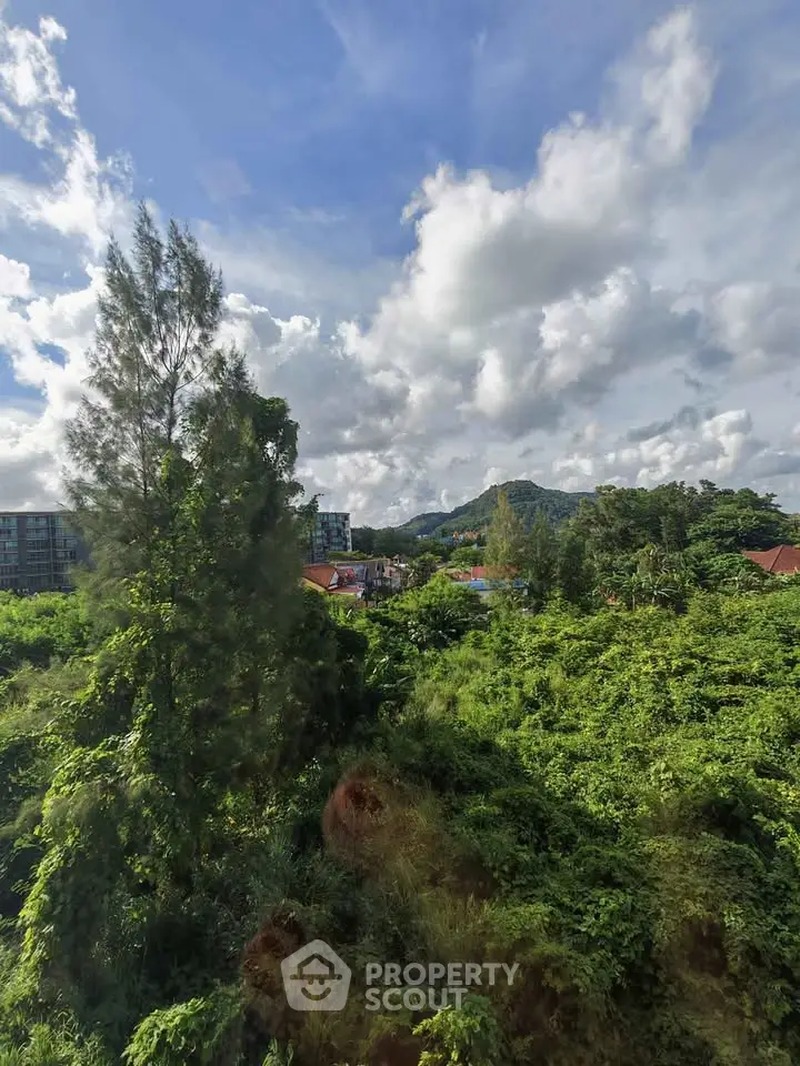 Scenic view of lush greenery and distant mountains from a property, ideal for nature lovers.