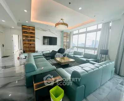 Luxurious living room with modern design and panoramic city views, featuring elegant furniture and ambient lighting.