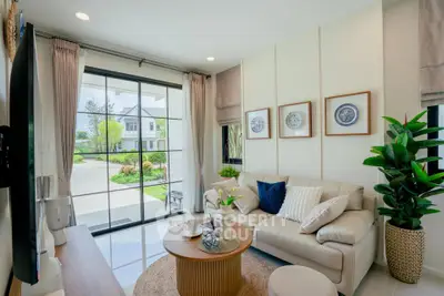 Bright and modern living room with large windows and stylish decor