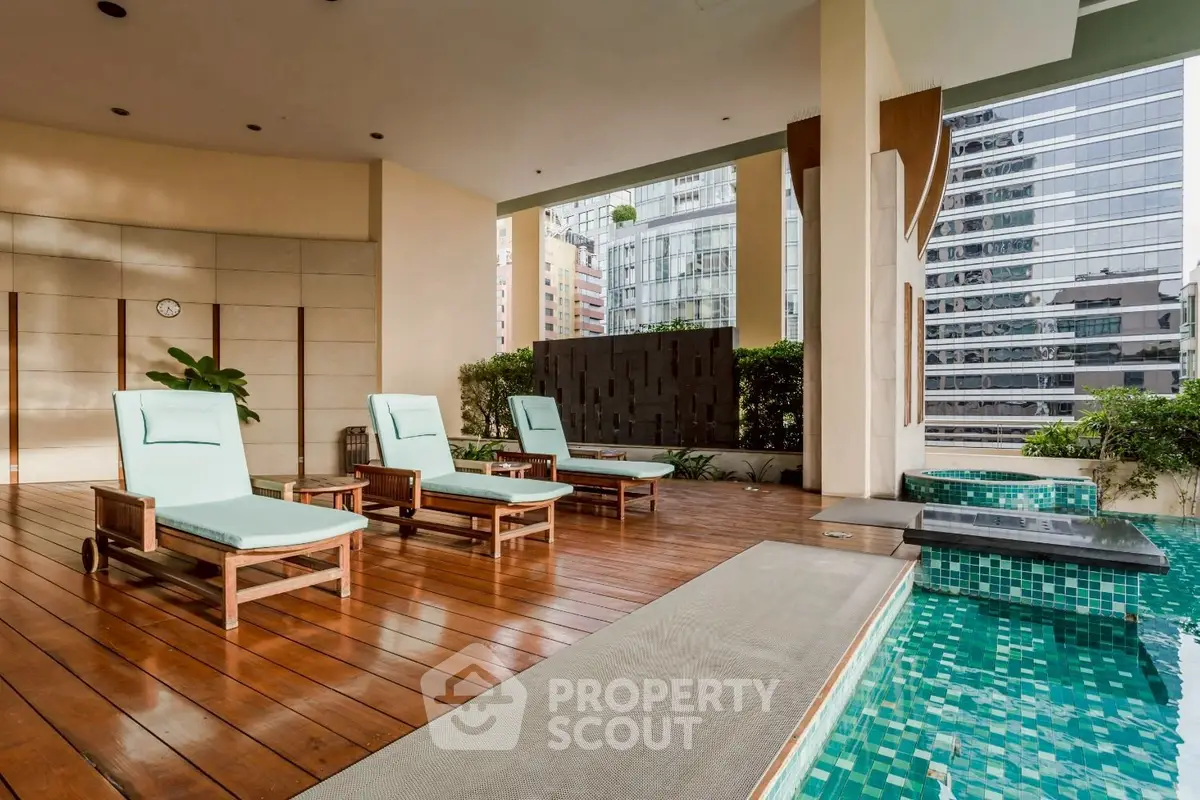 Luxurious rooftop pool area with modern lounge chairs and city view