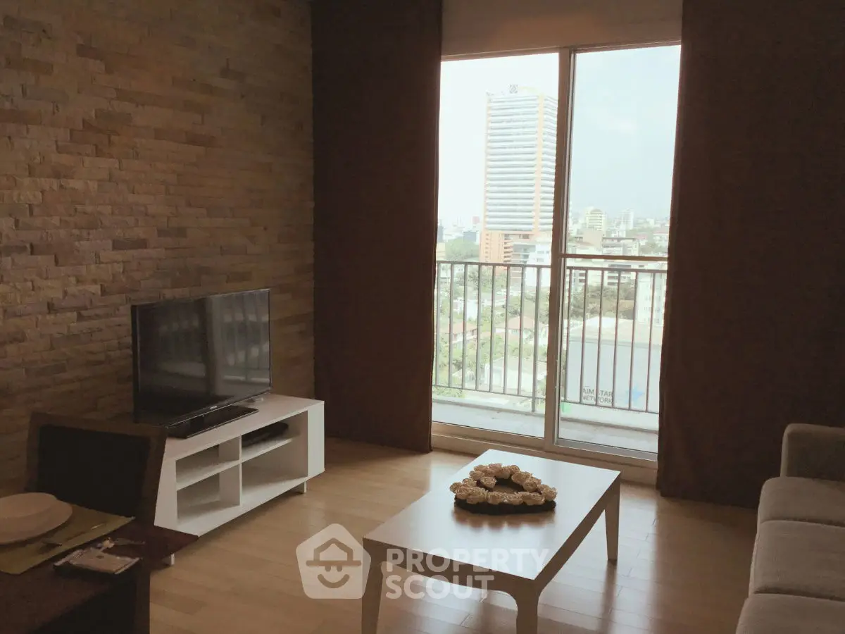 Stylish living room with city view and modern decor