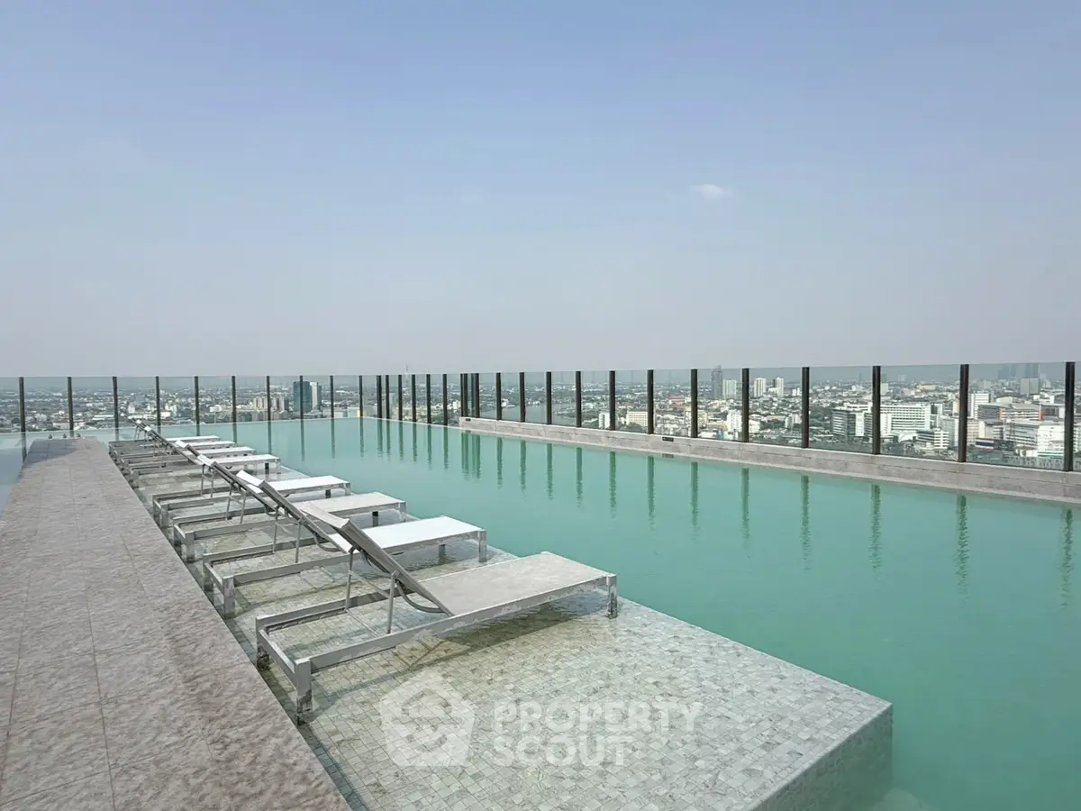 Luxurious rooftop pool with stunning city skyline view, perfect for relaxation and leisure.