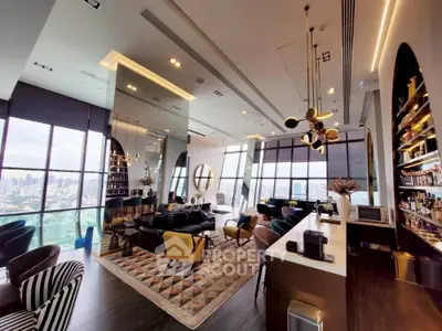 Luxurious modern living room with panoramic city views and stylish decor