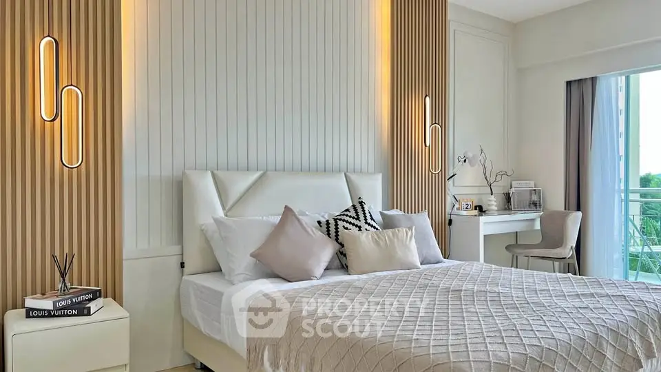 Luxurious modern bedroom with elegant decor and balcony view