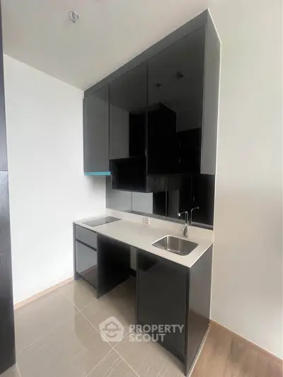 Sleek modern kitchen with glossy black cabinets and compact design