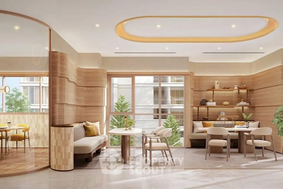 Luxurious modern living room with elegant wooden accents and large windows offering natural light.