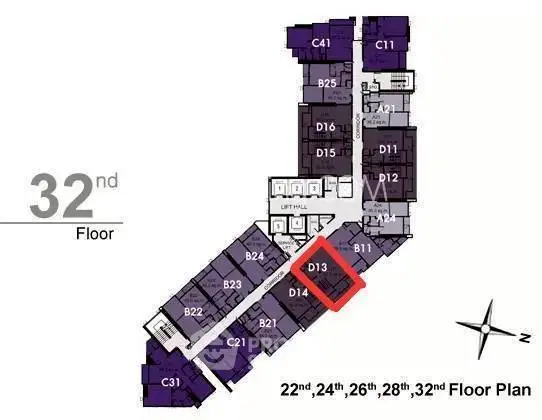 32nd floor plan layout with unit D13 highlighted in red, showcasing apartment distribution.
