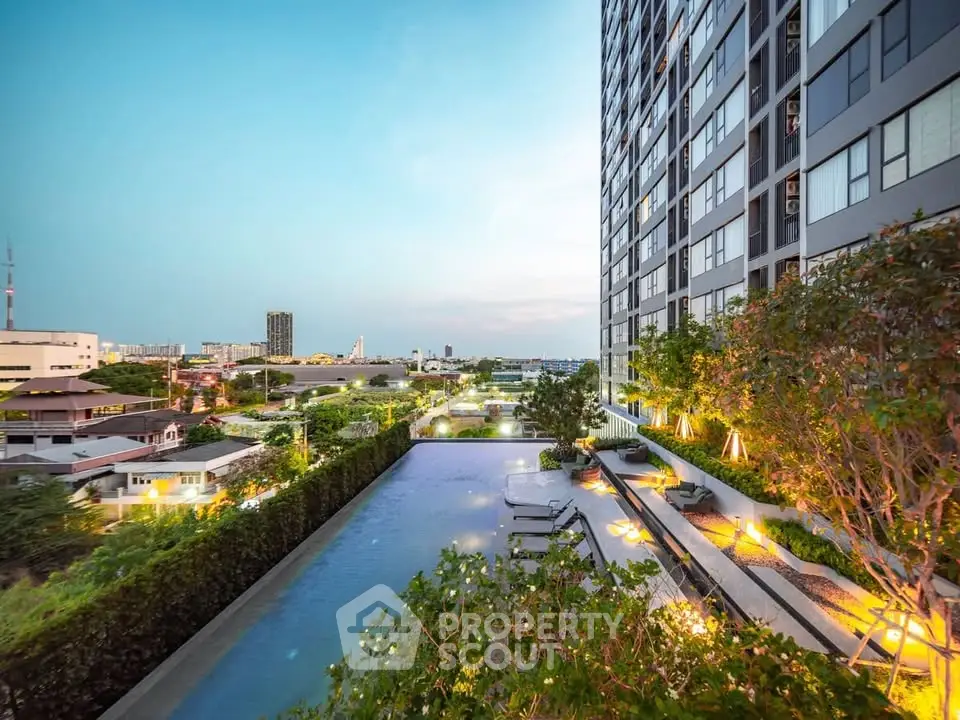 Luxurious high-rise building with stunning rooftop pool and city view