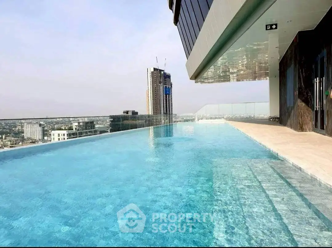 Luxurious rooftop infinity pool with stunning city skyline view, perfect for relaxation and leisure.
