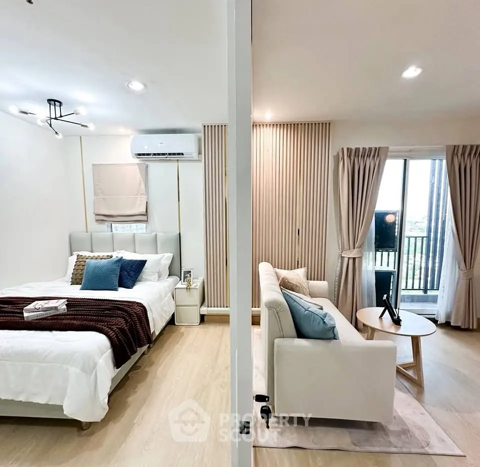 Modern open-plan bedroom and living room with stylish decor and natural light.
