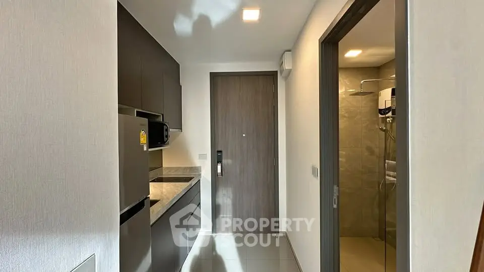Modern apartment entrance with sleek kitchen and bathroom view