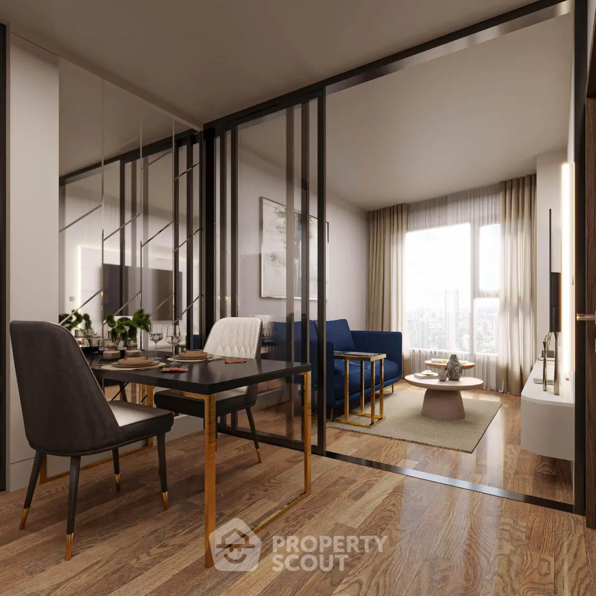 Modern open-plan living and dining area with elegant furnishings and large windows.