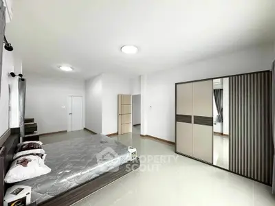 Spacious modern bedroom with sleek design and ample natural light