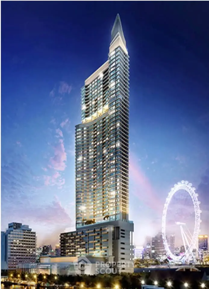 Stunning high-rise building with modern architecture and city skyline view at dusk.