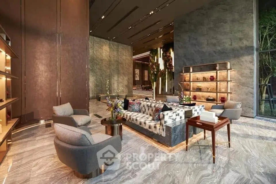 Luxurious modern living room with elegant decor and spacious seating area.