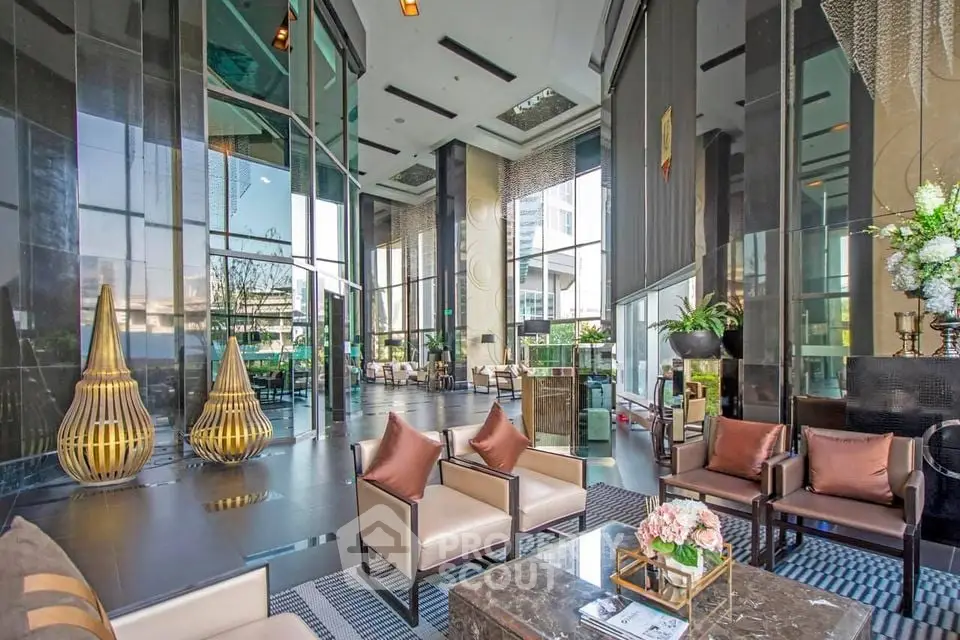 Luxurious modern living room with high ceilings and elegant decor