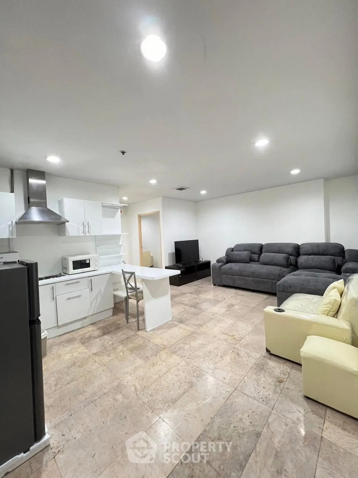 Spacious open-plan living room with modern kitchen and cozy seating area