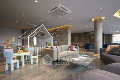 Spacious modern living room with children's play area and stylish furniture.