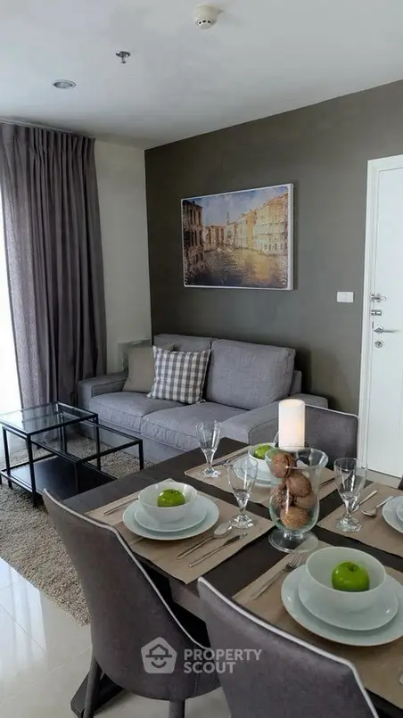 Stylish modern living room with dining area, elegant decor and cozy ambiance