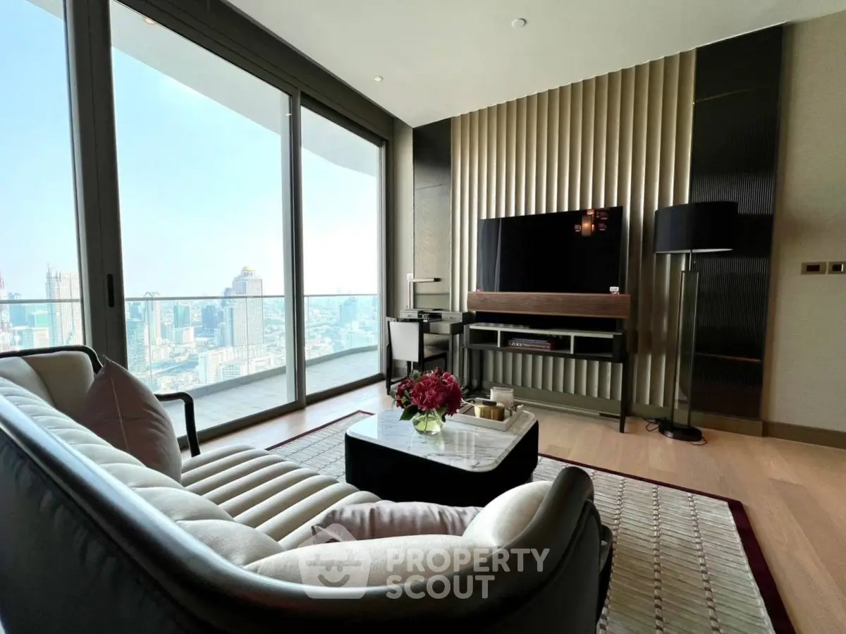 Luxurious living room with stunning city view and modern decor