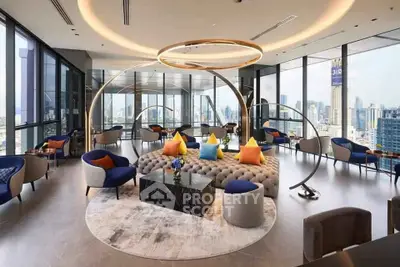 Luxurious modern living room with panoramic city views and elegant decor