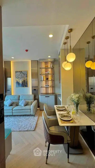 Luxurious modern living room with elegant dining area and stylish lighting