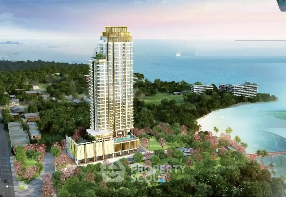 Luxurious beachfront high-rise with stunning ocean views and lush surroundings, perfect for upscale living.