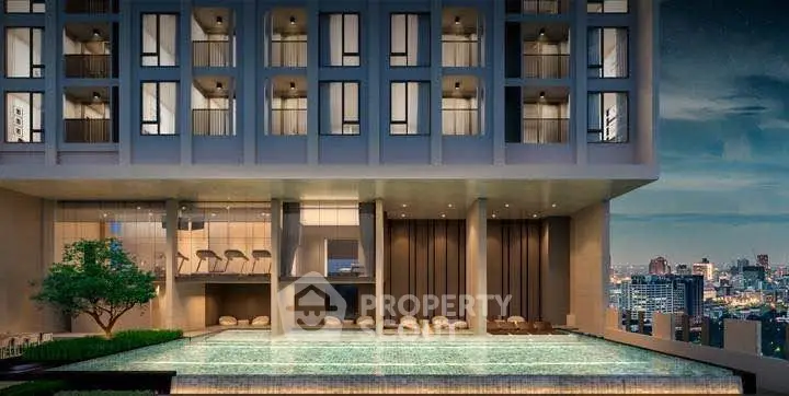 Luxurious high-rise building with stunning rooftop pool and city skyline view.