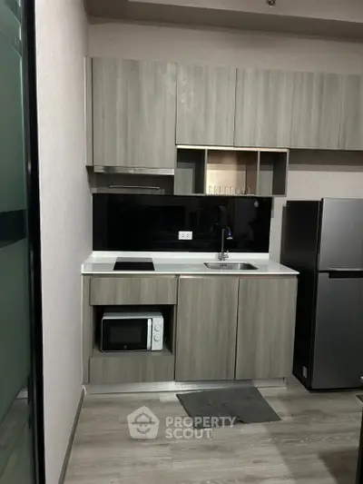 Modern compact kitchen with sleek cabinetry and appliances in a stylish apartment.