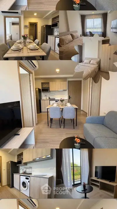 Modern apartment interior with open layout, featuring stylish kitchen, cozy living room, and elegant dining area.