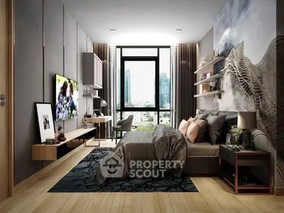 Luxurious modern bedroom with stunning city view and elegant decor