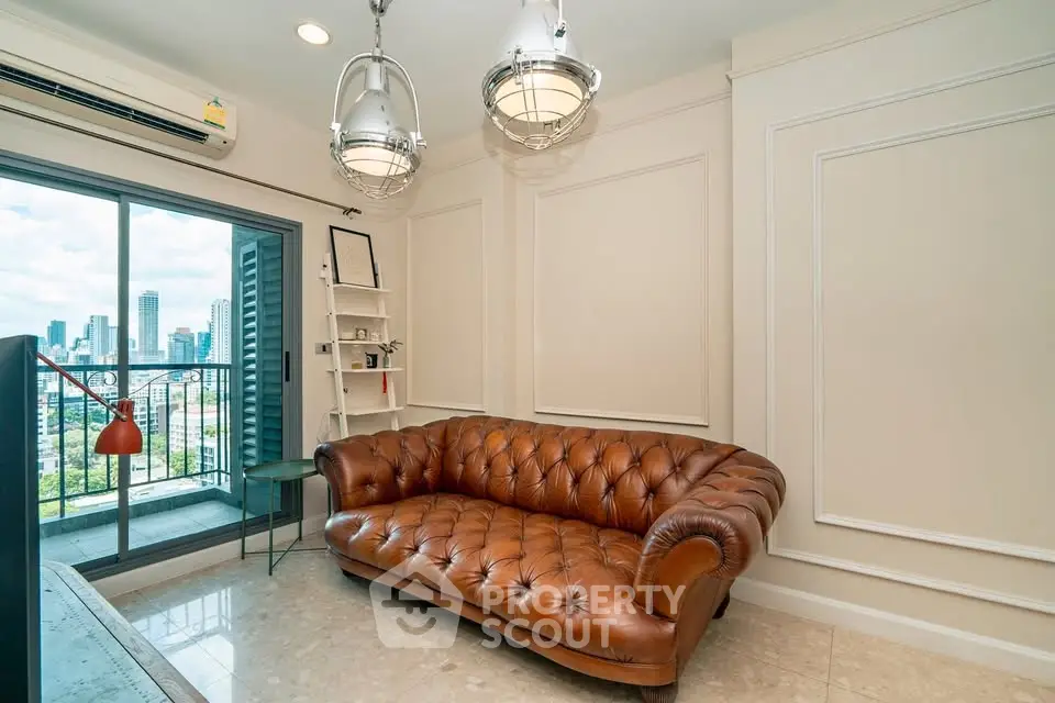 Chic living room with leather sofa and city view balcony in modern apartment