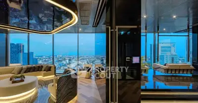 Luxurious modern living room with panoramic city view and elegant furnishings