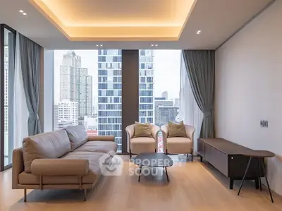 Modern living room with city view, featuring sleek furniture and floor-to-ceiling windows.
