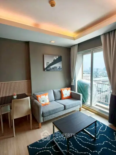 Modern living room with city view and stylish decor